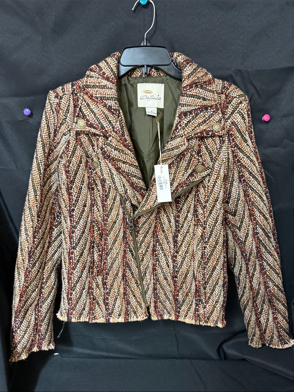 Bob Timberlake Multicolor Tweed Moto Blazer — Cream, Brown & Red